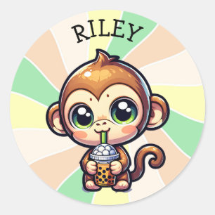Schattigee Kawaii Monkey met Bubble Tea Gepersonal Ronde Sticker