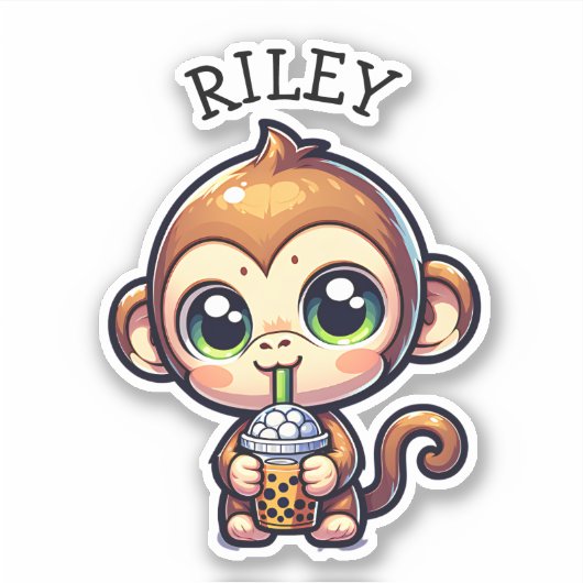 Schattigee Kawaii Monkey met Bubble Tea Gepersonal Sticker (Voorkant)