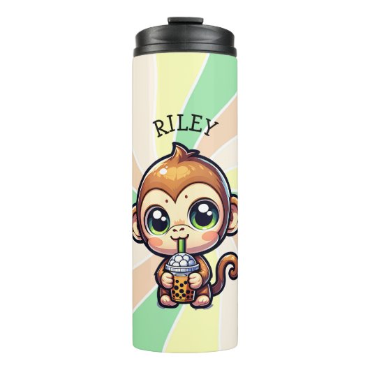 Schattigee Kawaii Monkey met Bubble Tea Gepersonal Thermosbeker (Voorkant)