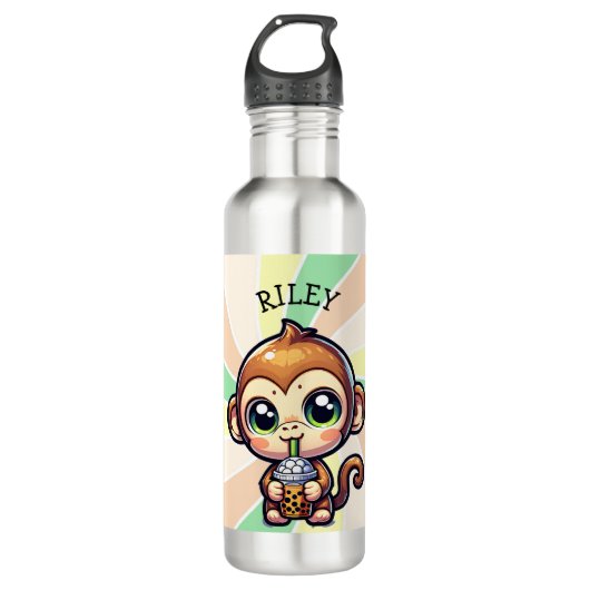 Schattigee Kawaii Monkey met Bubble Tea Gepersonal Waterfles (Voorkant)