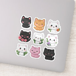 Schattigee Kawaii Multicolor Bloemen Kat Sticker S