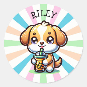 Schattigee Kawaii Puppy Dog met Bubble Tea Geperso Ronde Sticker