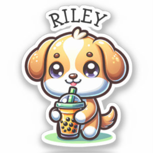 Schattigee Kawaii Puppy Dog met Bubble Tea Geperso Sticker