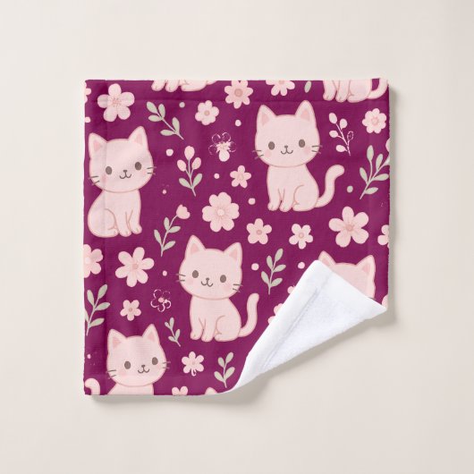 Schattigee Kawaii Roze Katten en Bloemen Handdoek (Wasdoekje)
