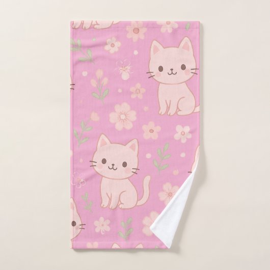 Schattigee Kawaii Roze Katten en Bloemen Handdoek (Handdoek)