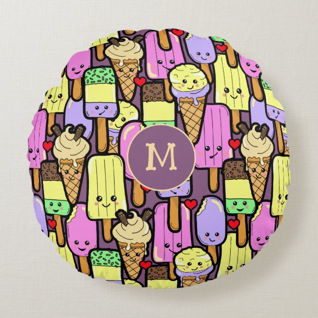 Schattigee Kawaii Summer Popsicles Monogram Rond Kussen (Voorkant)
