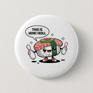 Schattigee Kawaii Sushi met bowlingpinnen Ronde Button 5,7 Cm
