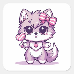 Schattigee Kawaii Wolf met Lollipop Vierkante Sticker