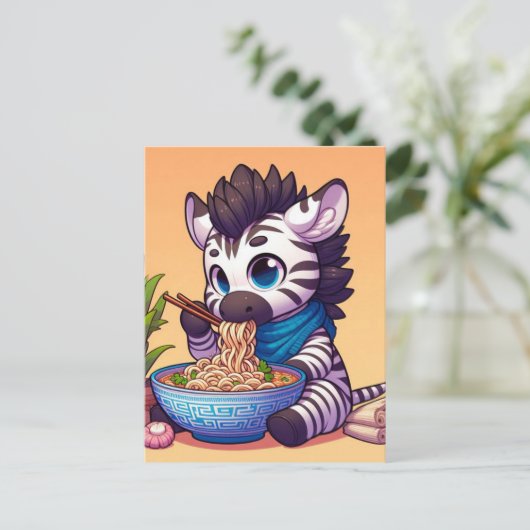Schattigee Kawaii Zebra Eating Ramen Briefkaart (Staand voorkant)