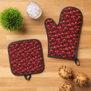 Schattigee kersenbetegelde patroonkeuken ovenwant & pannenlap set