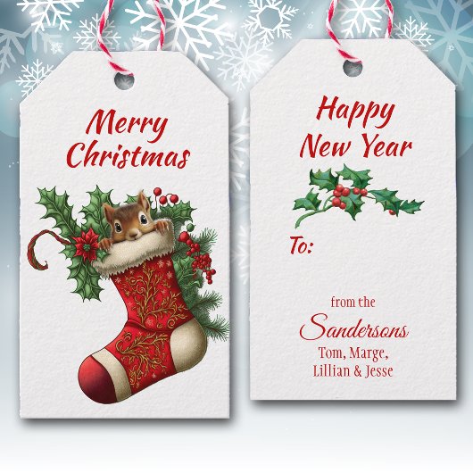 Schattigee kerst bruine eekhoorn gluren cadeaulabel