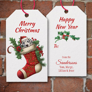 Schattigee kerst Dalmatische puppy gluren Cadeaulabel