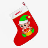 Schattigee Kerst Elf & Gift Box op Rood Grote Kerstsok (Achterkant (Hangend))