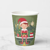 Schattigee kerst elf op plank papieren bekers (Voorkant)