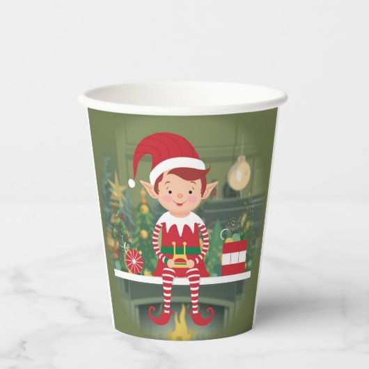 Schattigee kerst elf op plank papieren bekers (Voorkant)