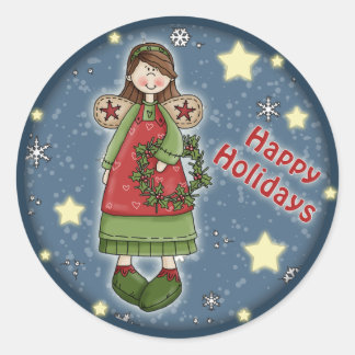 Schattigee kerst engel met krans ronde sticker