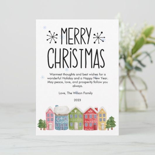 Schattigee kerst gezellige buurt flat feestdagenkaart (Staand voorkant)