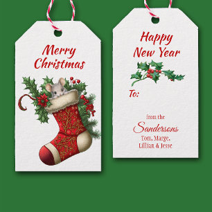 Schattigee kerst grijs muis gluren cadeaulabel