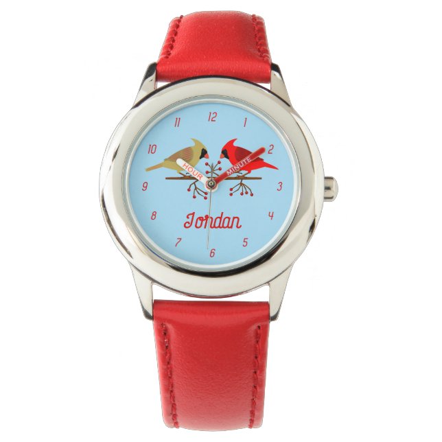 Schattigee Kerst Kardinalen en Rode Bessen Custom Horloge (Voorkant)
