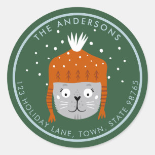 Schattigee Kerst Kat Sinaasappel Pet Groen  Ronde Sticker