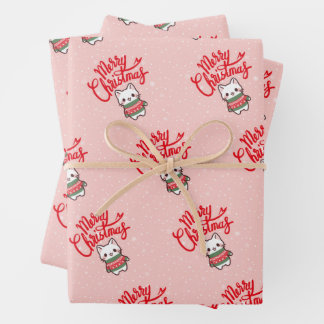 Schattigee Kerst Kawaii Kitten op Rode Achtergrond Inpakpapier Vel