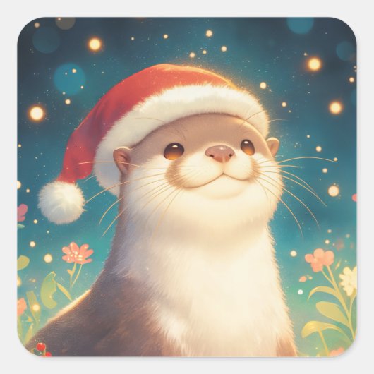 Schattigee kerst otter Sticker met Santa Hat (Voorkant)