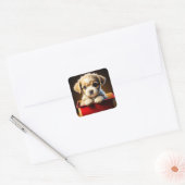 Schattigee kerst puppy hond in een geschenkdoos vierkante sticker (Envelop)