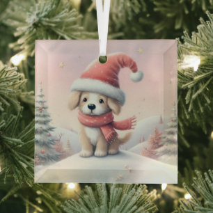 Schattigee kerst puppy in santa hoed glas ornament