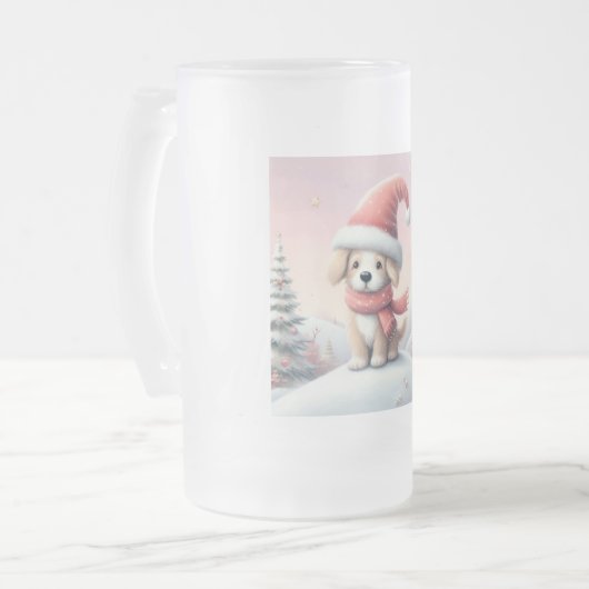 Schattigee kerst puppy in santa hoed matglas bierpul (Voorkant links)