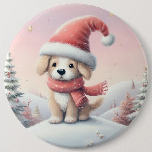 Schattigee kerst puppy in santa hoed ronde button 6,0 cm (Voorkant)