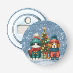 Schattigee kerst puppy & kitten button flesopener
