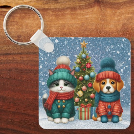 Schattigee kerst puppy & kitten sleutelhanger (Voorkant)