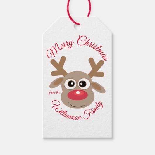 Schattigee kerst rendier rood script naam wit cadeaulabel (Voorkant)