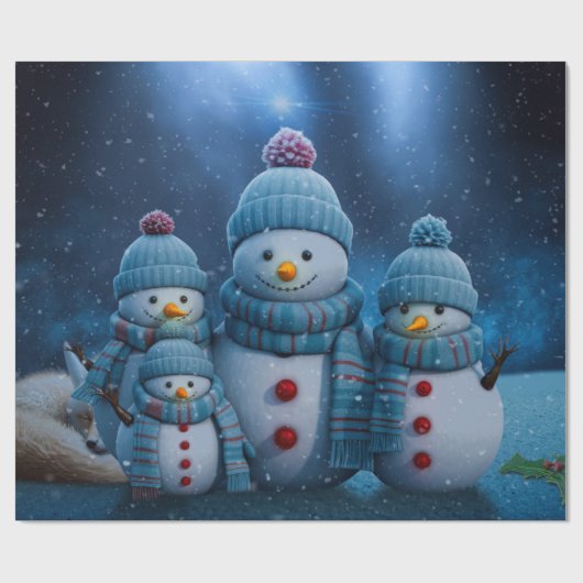 Schattigee kerst sneeuwman familie cadeaupapier (Vlak)