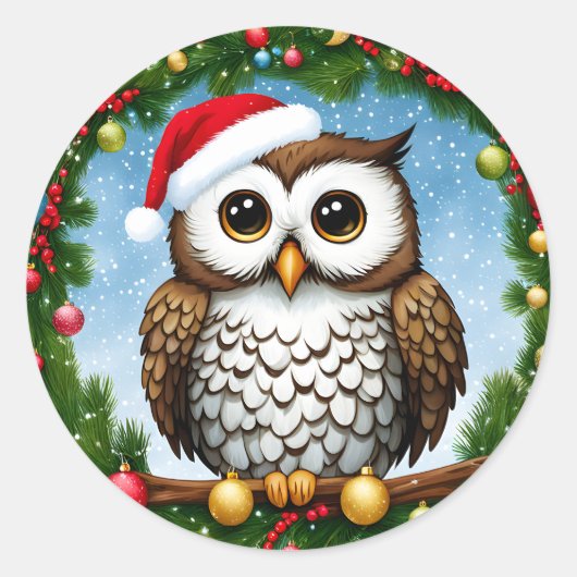 Schattigee kerst uil in een krans ronde sticker (Voorkant)
