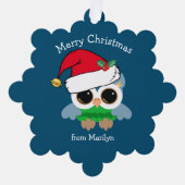 Schattigee kerst Uil in Santa Hat Custom Blue Ornament Kaart (Voorkant)