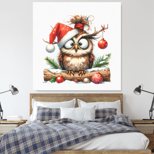 Schattigee kerst uil met een kerstmuts canvas afdruk (Insitu (Slaapkamer))