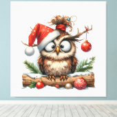 Schattigee kerst uil met een kerstmuts canvas afdruk (Insitu (Houten vloer))