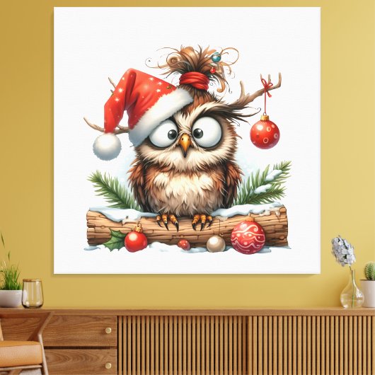 Schattigee kerst uil met een kerstmuts canvas afdruk (Insitu (Woonkamer))