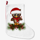 Schattigee kerst uil op Pine Branch Stocking Grote Kerstsok (Voorkant)