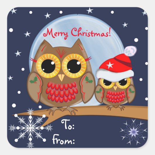 Schattigee Kerst Uilen & Aangepaste tekst sticker (Voorkant)
