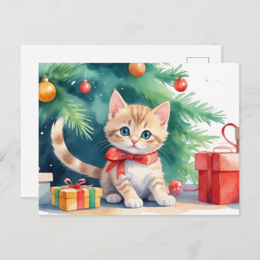 Schattigee Kerst Waterverf Sinaasappel Tabby Kitte Feestdagenkaart (Voorkant / Achterkant)