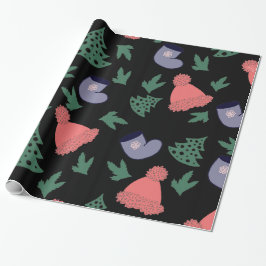 Schattigee kerstboom, kousen, rode Petten op zwart Cadeaupapier