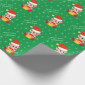 Schattigee kerstelf & sneeuwvlokken op groen cadeaupapier (Hoek)