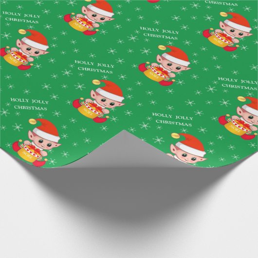 Schattigee kerstelf & sneeuwvlokken op groen cadeaupapier (Hoek)