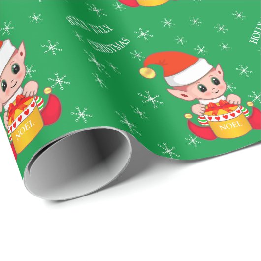 Schattigee kerstelf & sneeuwvlokken op groen cadeaupapier (Rol Hoek)