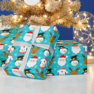 Schattigee Kerstfiguren Patroon op Blauw Cadeaupapier
