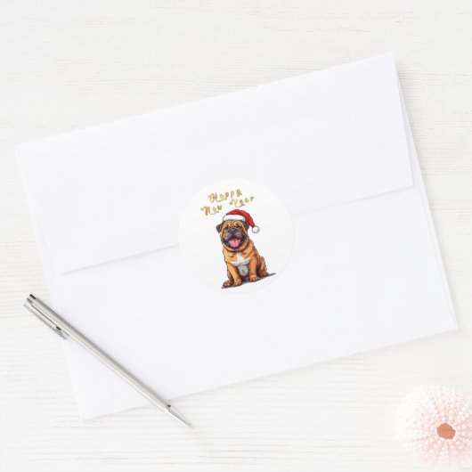 Schattigee kersthond met een kerstmuts ronde sticker (Envelop)