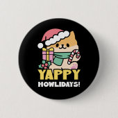 Schattigee Kersthond - Yappy Howholidays Ronde Button 5,7 Cm (Voorkant)