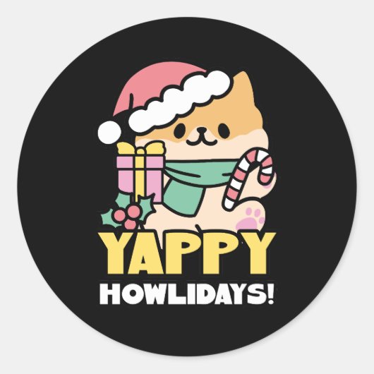 Schattigee Kersthond - Yappy Howholidays Ronde Sticker (Voorkant)